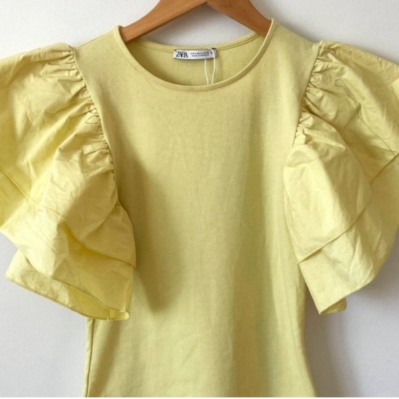 Zara Puff Voluminous Ruffle Poplin Sleeve Bodycon Mini Dress Pastel Yellow Sz M - Picture 16 of 16